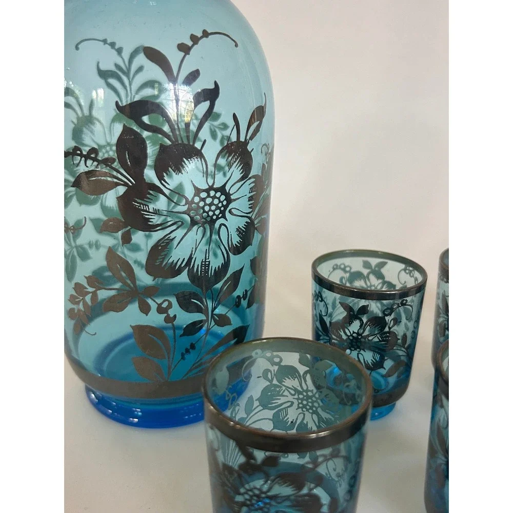 Vintage Murano Blue Art Glass Decanter 6 Shot Glasses Set Floral MCM‎